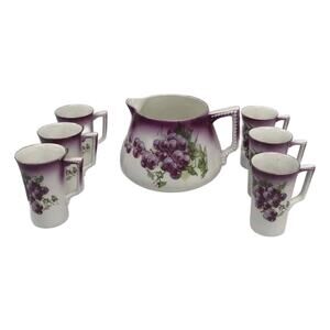 Antique Dresden Hand Painted Cider Pitcher Set, Juice Drinkware Set